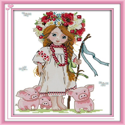 Girl And Pig - 14CT Stamped Cross Stitch 26*31CM(Joy Sunday)