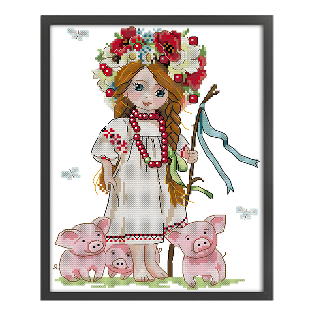 Girl And Pig - 14CT Stamped Cross Stitch 26*31CM(Joy Sunday)