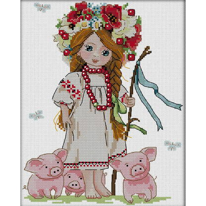 Girl And Pig - 14CT Stamped Cross Stitch 26*31CM(Joy Sunday)