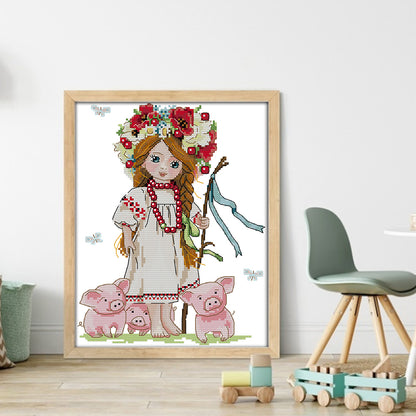 Girl And Pig - 14CT Stamped Cross Stitch 26*31CM(Joy Sunday)