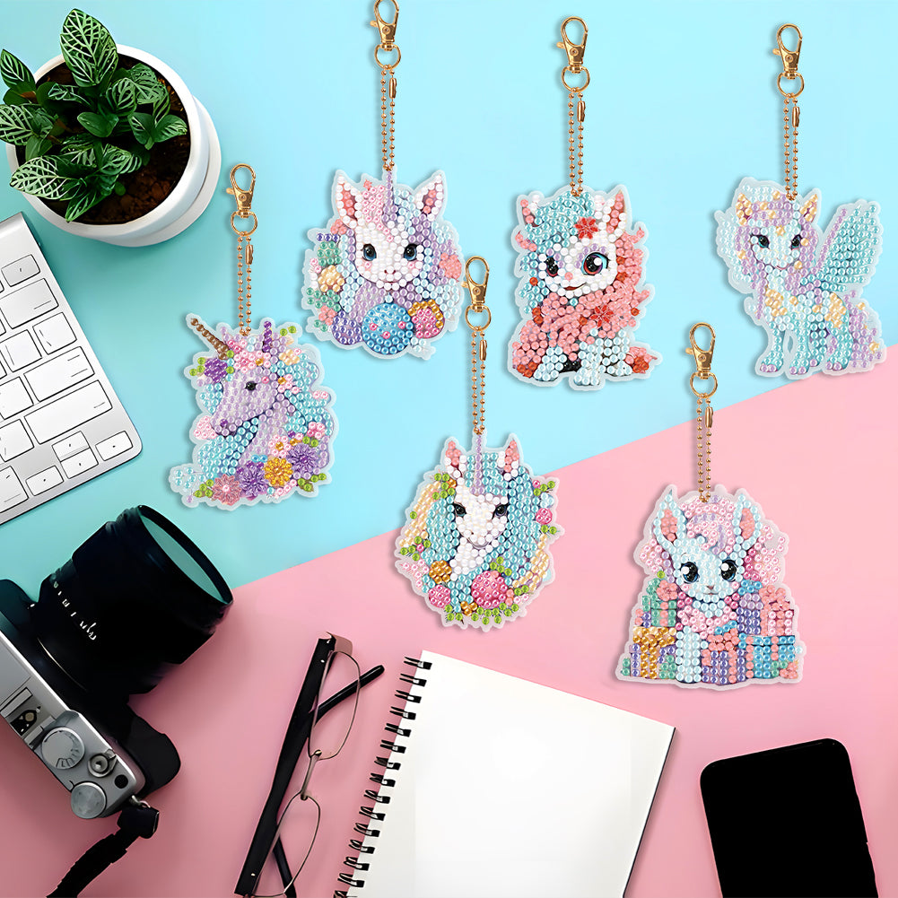 6 PCS Diamond Art Keyring Colorful Pony Double Sided Diamond Painting Keychain