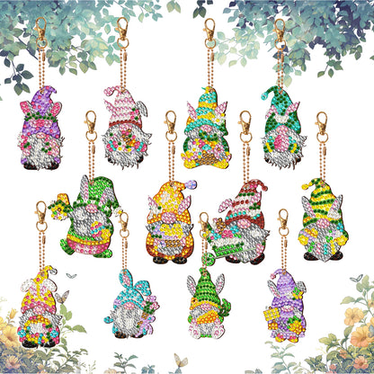 12 PCS Double Sided Diamond Painting Art Keychain Pendant for Beginners (Gnome)