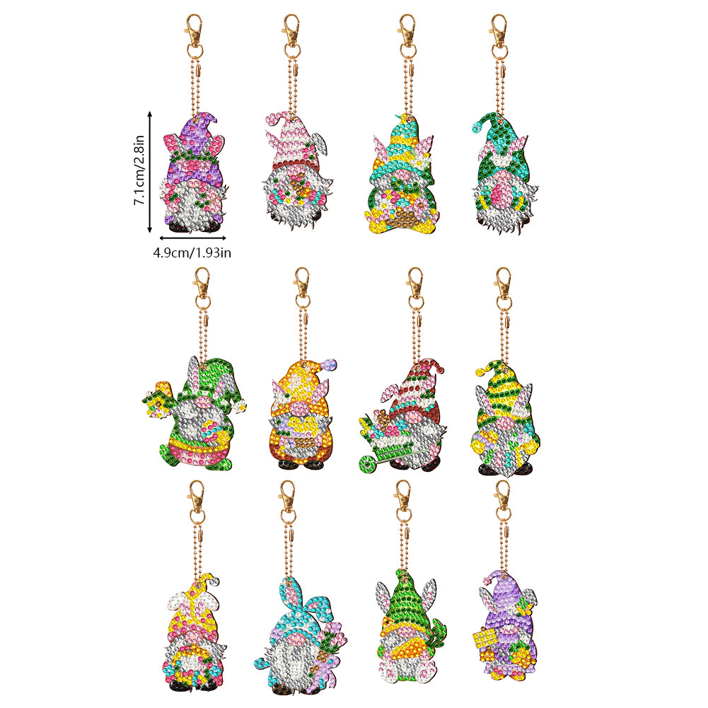 12 PCS Double Sided Diamond Painting Art Keychain Pendant for Beginners (Gnome)