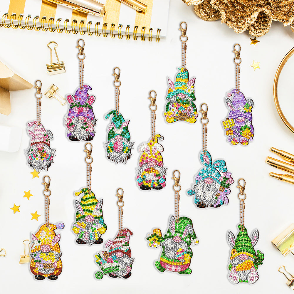 12 PCS Double Sided Diamond Painting Art Keychain Pendant for Beginners (Gnome)