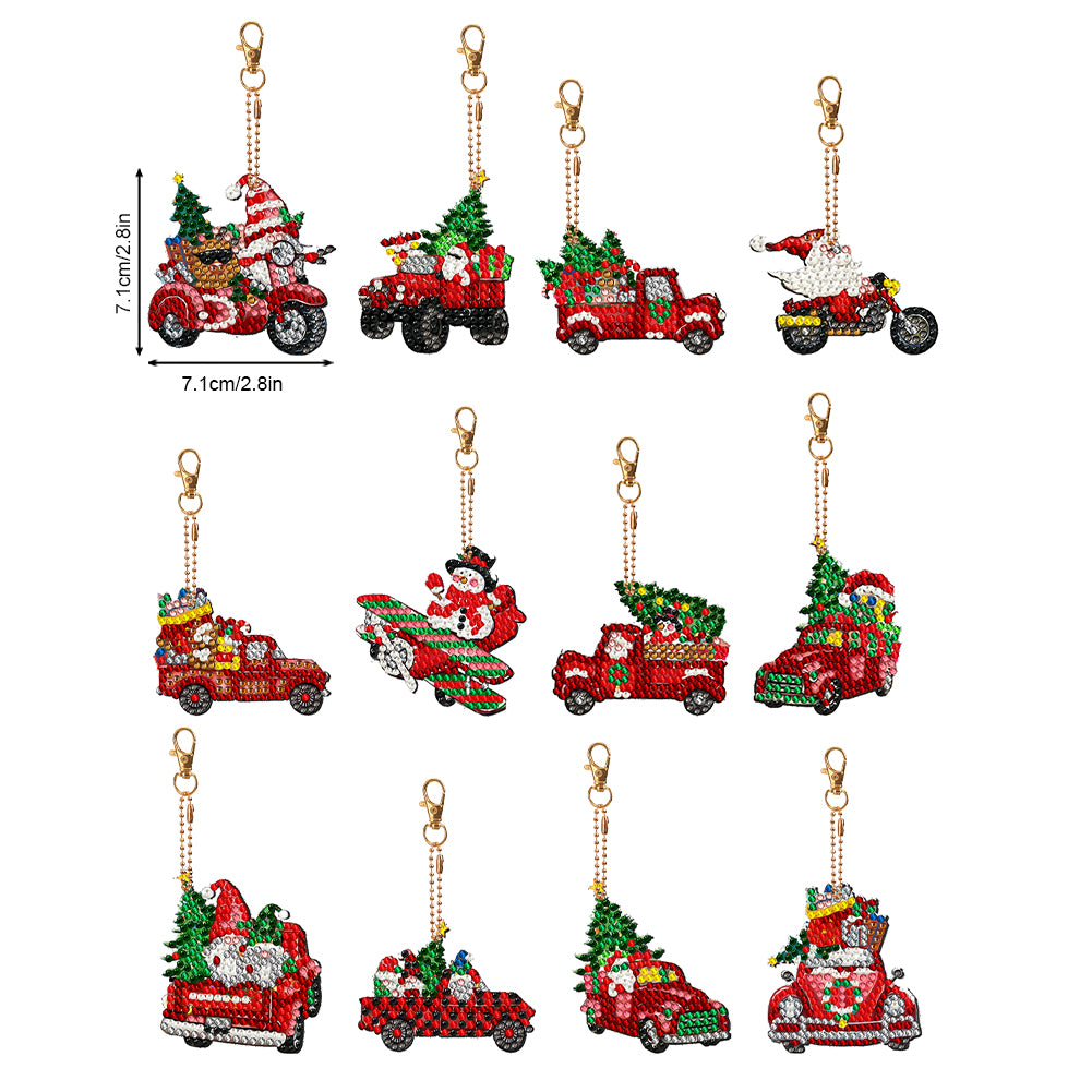 12PCS Double Sided Diamond Painting Art Keychain Pendant for Beginner(Red Truck)