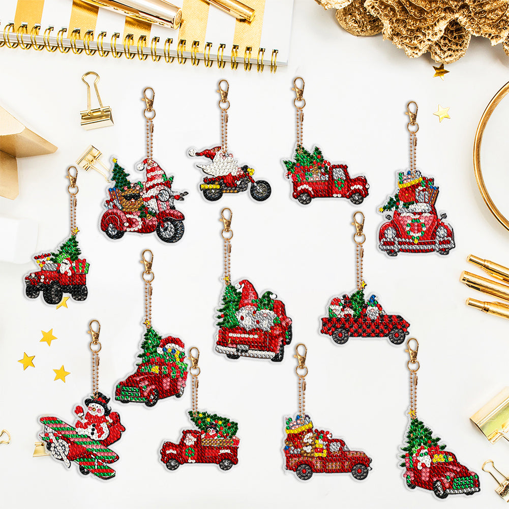 12PCS Double Sided Diamond Painting Art Keychain Pendant for Beginner(Red Truck)