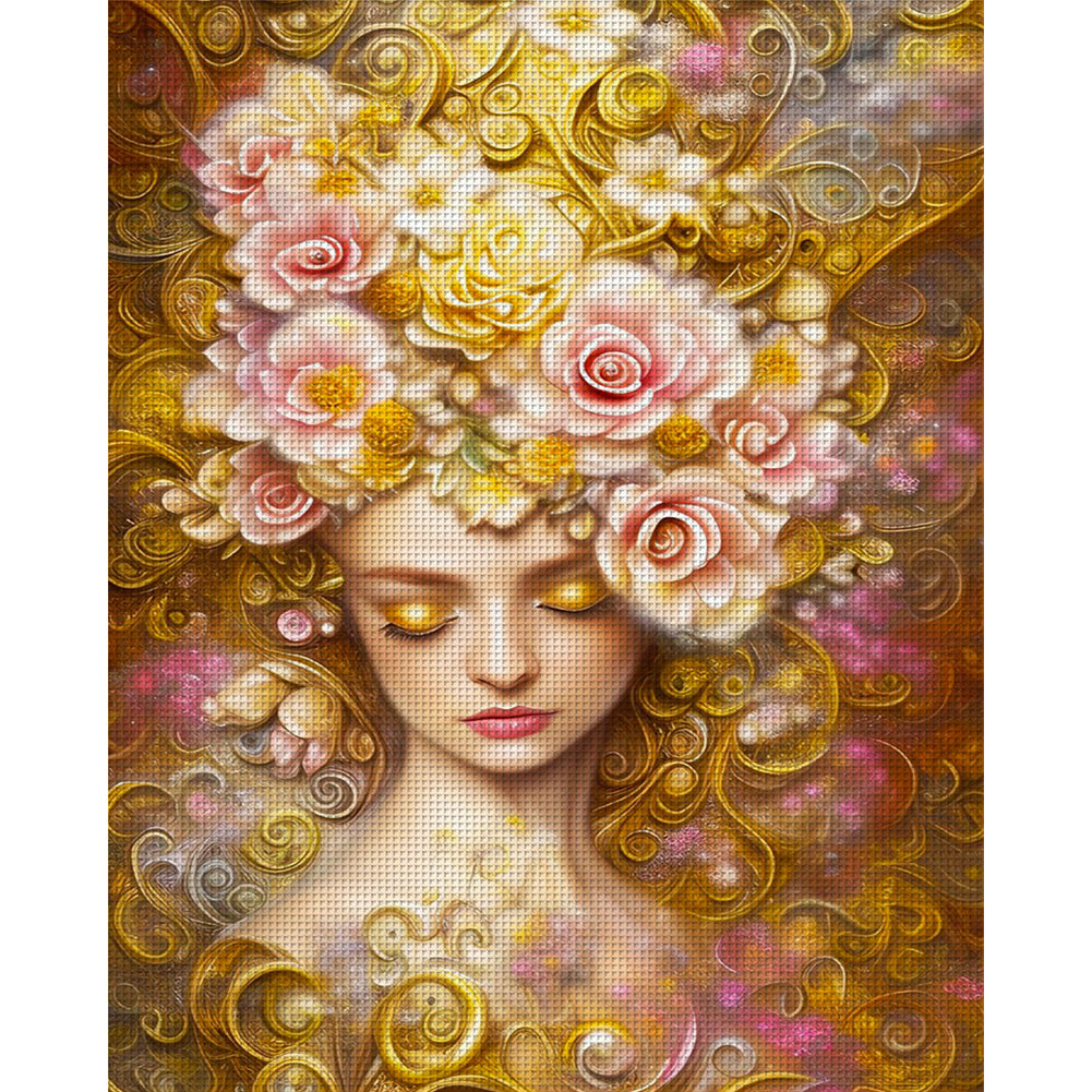Flowers And Girl - 11CT Stamped Cross Stitch 40*50CM