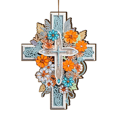 Wooden Cross 5D DIY Diamond Painting Hanging Pendant for Garden Window Decor(01)