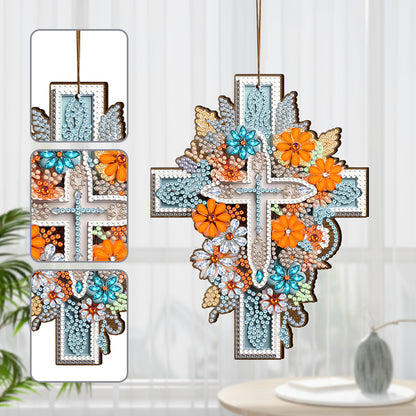 Wooden Cross 5D DIY Diamond Painting Hanging Pendant for Garden Window Decor(01)