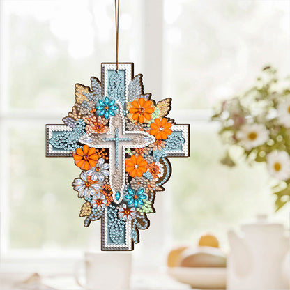 Wooden Cross 5D DIY Diamond Painting Hanging Pendant for Garden Window Decor(01)