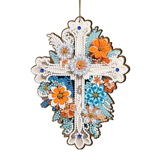 Wooden Cross 5D DIY Diamond Painting Hanging Pendant for Garden Window Decor(02)