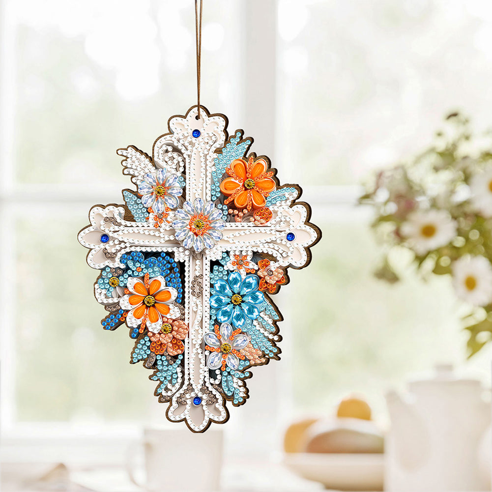 Wooden Cross 5D DIY Diamond Painting Hanging Pendant for Garden Window Decor(02)