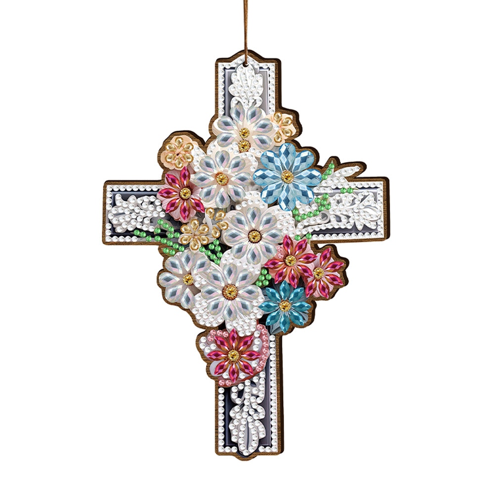 Wooden Cross 5D DIY Diamond Painting Hanging Pendant for Garden Window Decor(03)