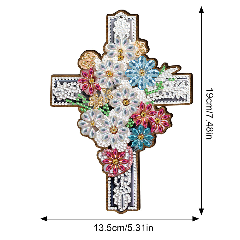 Wooden Cross 5D DIY Diamond Painting Hanging Pendant for Garden Window Decor(03)