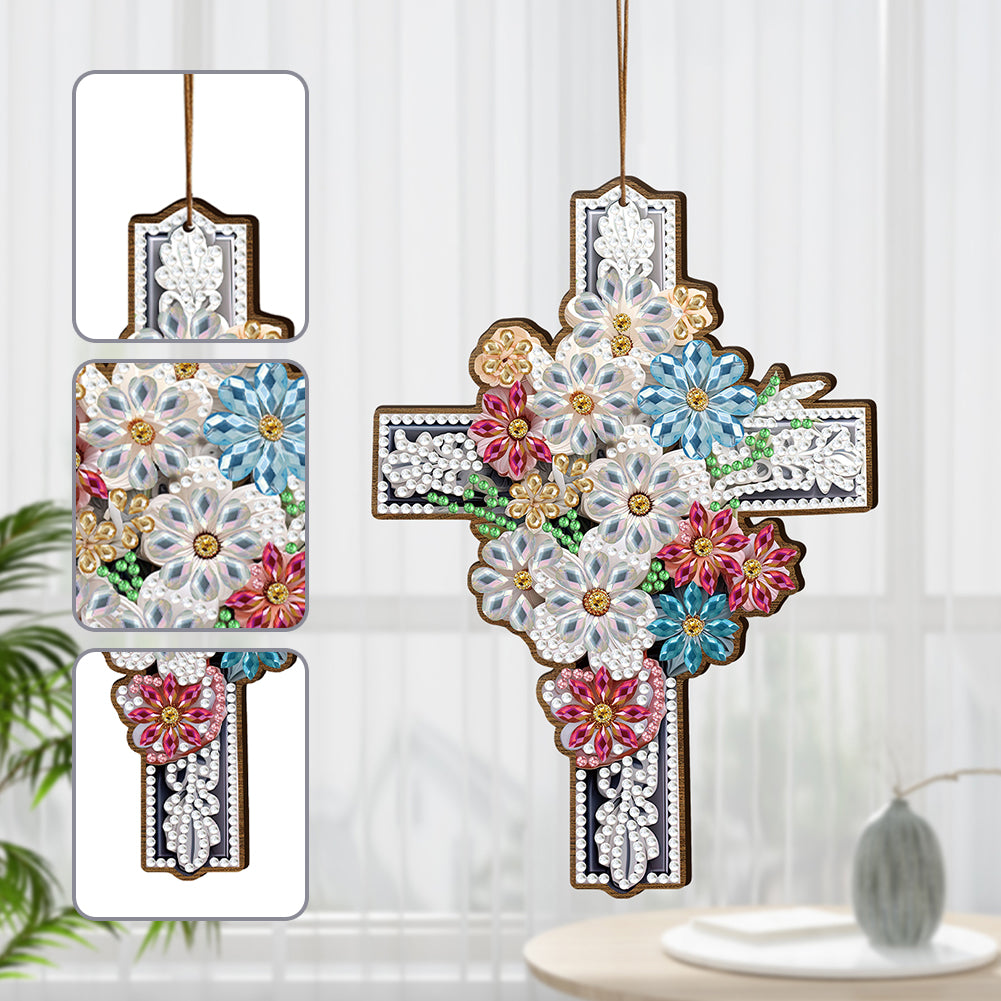 Wooden Cross 5D DIY Diamond Painting Hanging Pendant for Garden Window Decor(03)