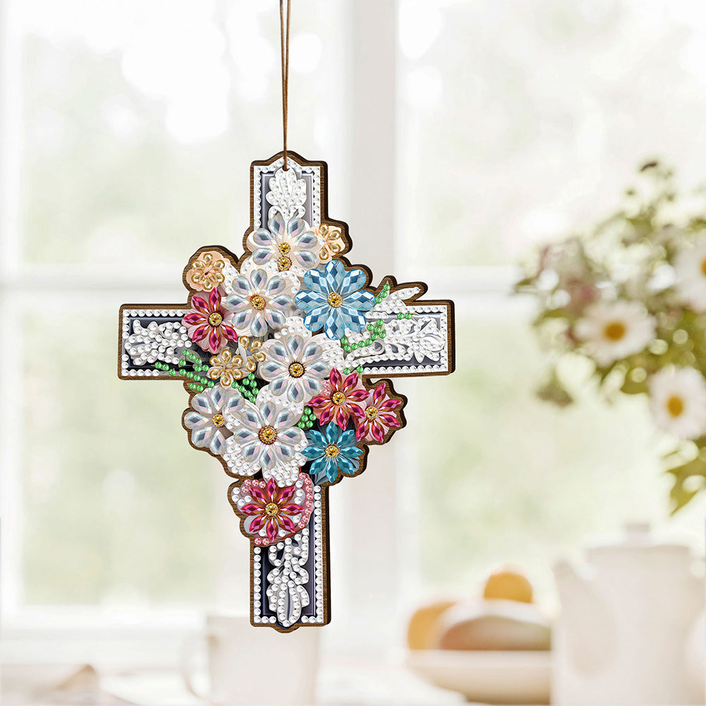 Wooden Cross 5D DIY Diamond Painting Hanging Pendant for Garden Window Decor(03)