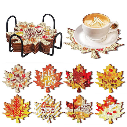 8 PCS Acrylic Diamond Painting Art Coaster Kit with Holder (Maple Leaf Painting)