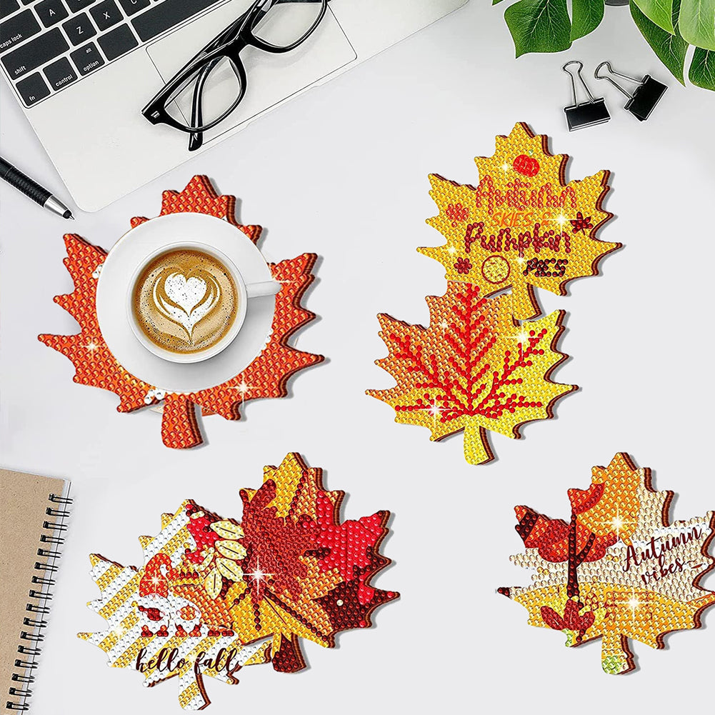 8 PCS Acrylic Diamond Painting Art Coaster Kit with Holder (Maple Leaf Painting)