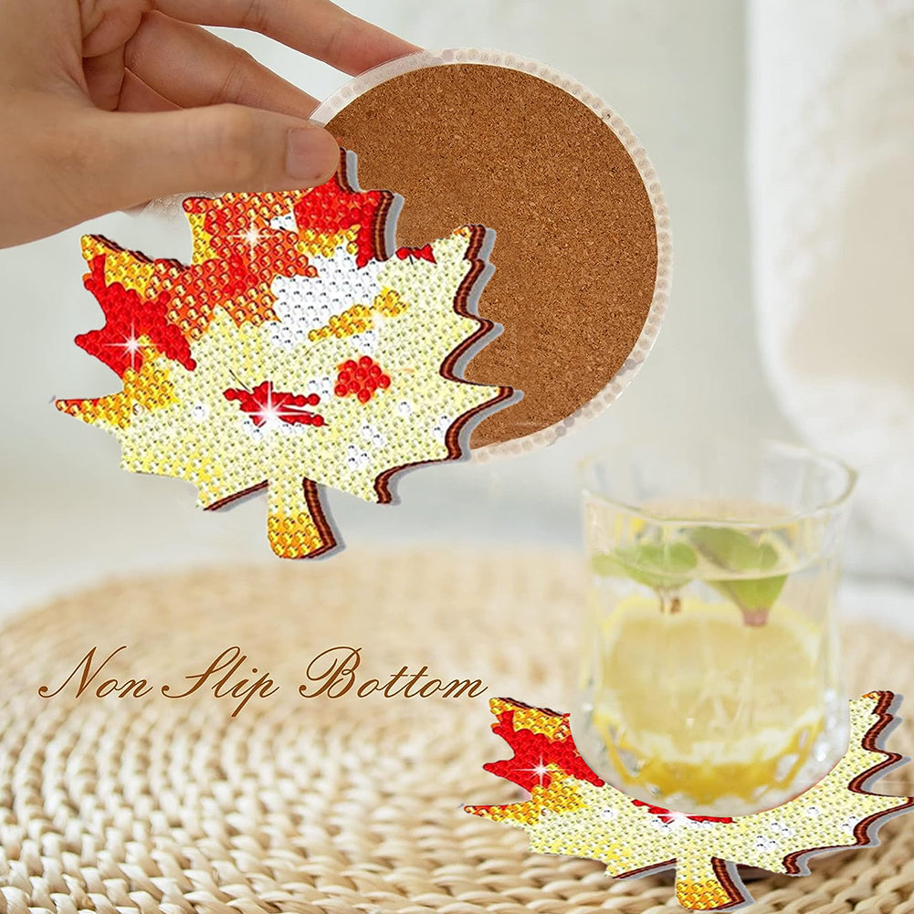 8 PCS Acrylic Diamond Painting Art Coaster Kit with Holder (Maple Leaf Painting)