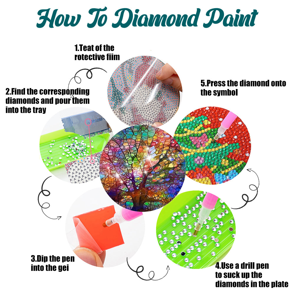 8 PCS Acrylic Diamond Painting Art Coaster Kit with Holder (Rainbow Tree)