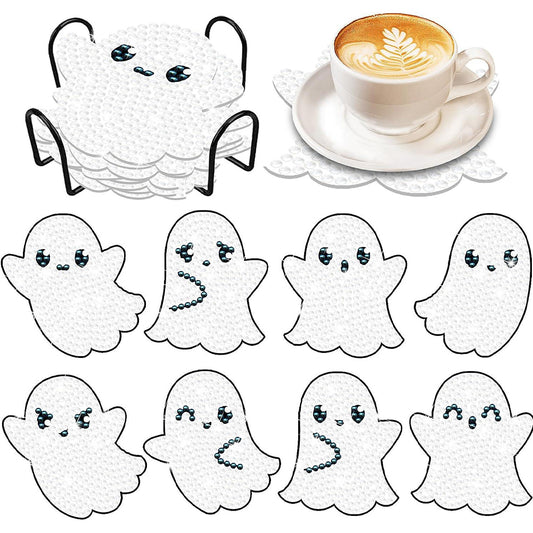 8 PCS Acrylic Diamond Painting Art Coaster Kit with Holder for Beginner (Ghost)