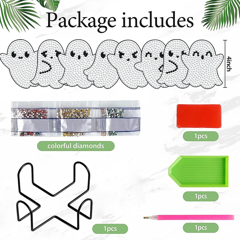 8 PCS Acrylic Diamond Painting Art Coaster Kit with Holder for Beginner (Ghost)