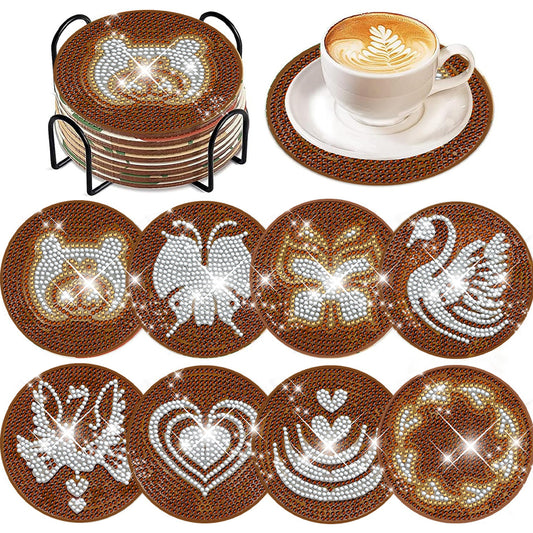 8 PCS Acrylic Diamond Painting Art Coaster Kit with Holder for Beginner (Coffee)