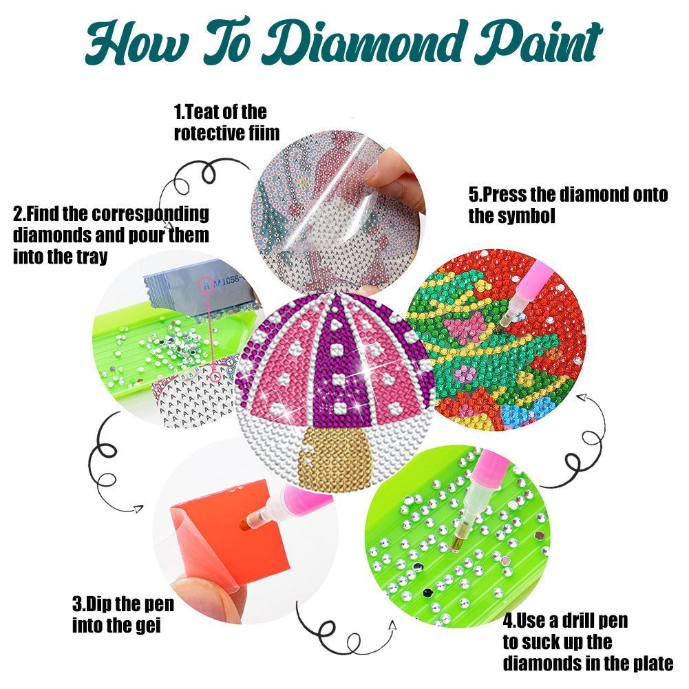 8 PCS Acrylic Diamond Painting Art Coaster Kit with Holder (Mushroom)