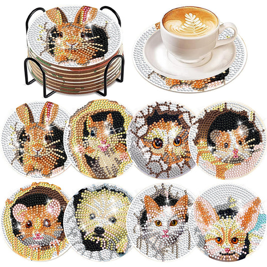 8 PCS Acrylic Diamond Painting Art Coaster Kit with Holder(Critters in the Hole)