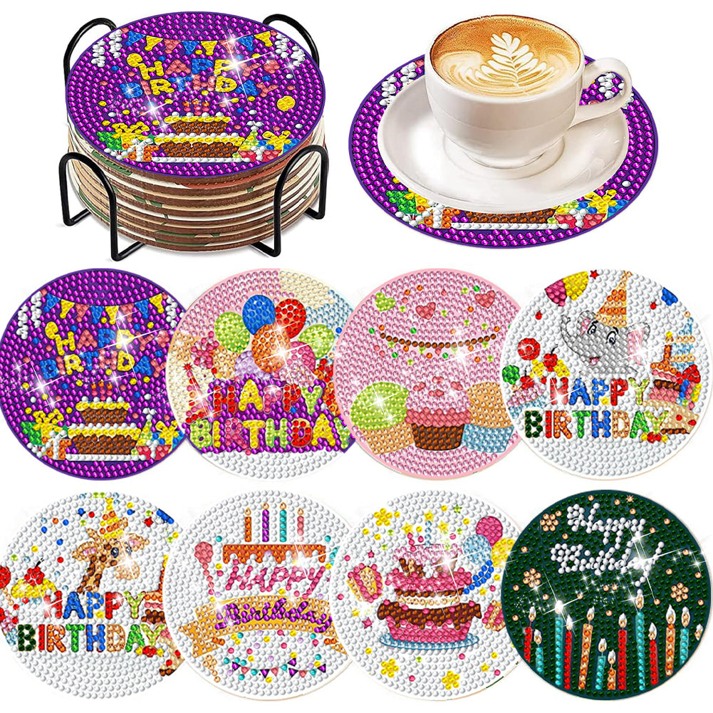 8 PCS Acrylic Diamond Painting Art Coaster Kit with Holder (Happy Birthday)