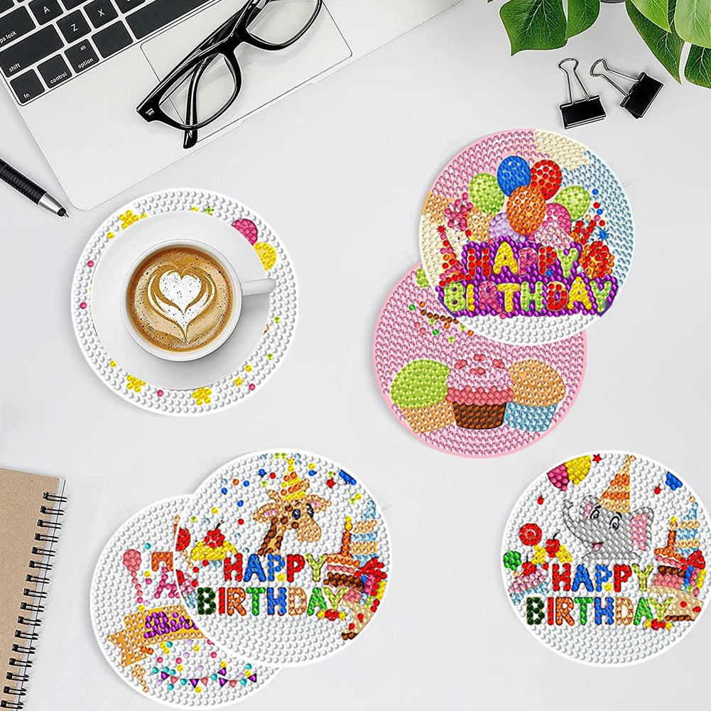 8 PCS Acrylic Diamond Painting Art Coaster Kit with Holder (Happy Birthday)