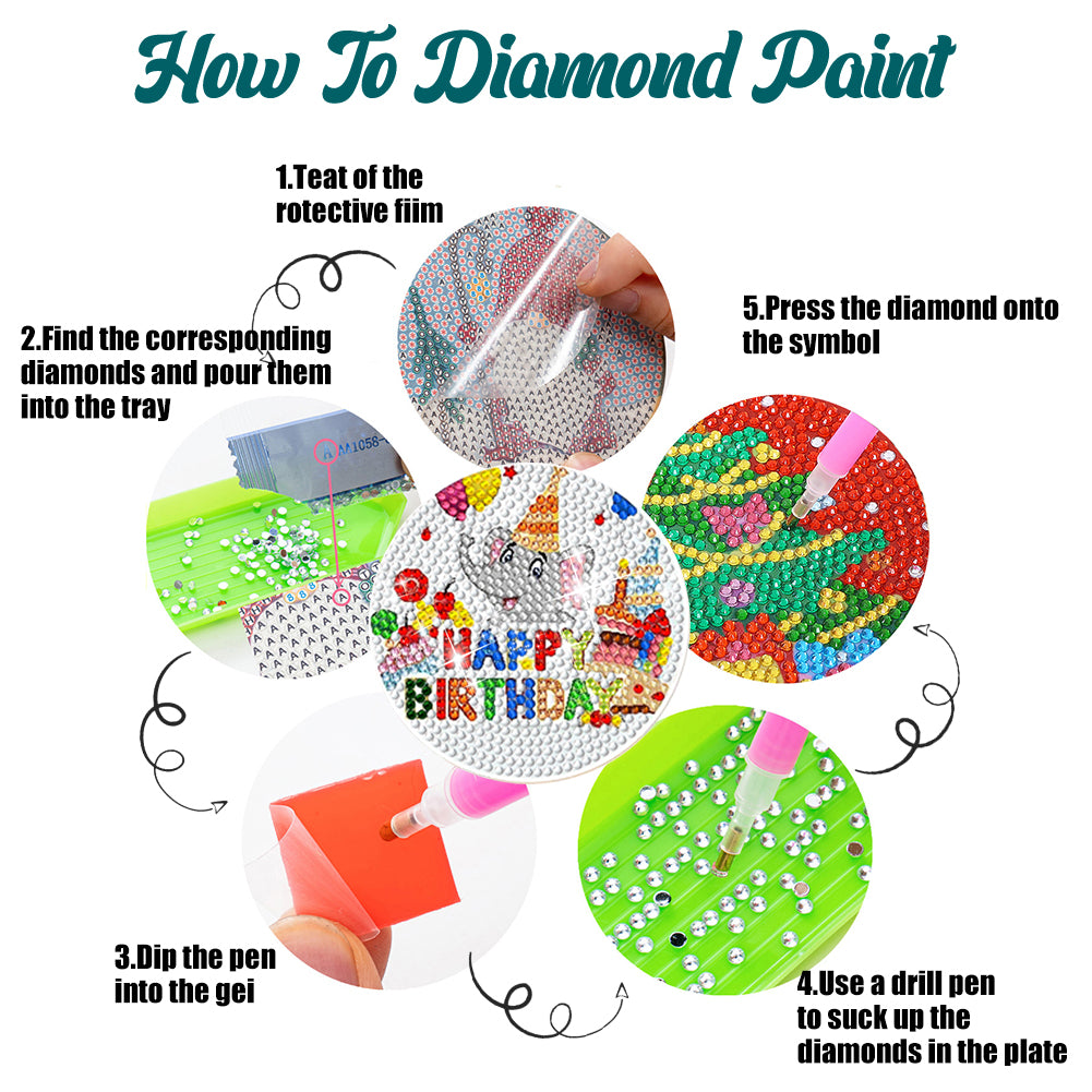 8 PCS Acrylic Diamond Painting Art Coaster Kit with Holder (Happy Birthday)