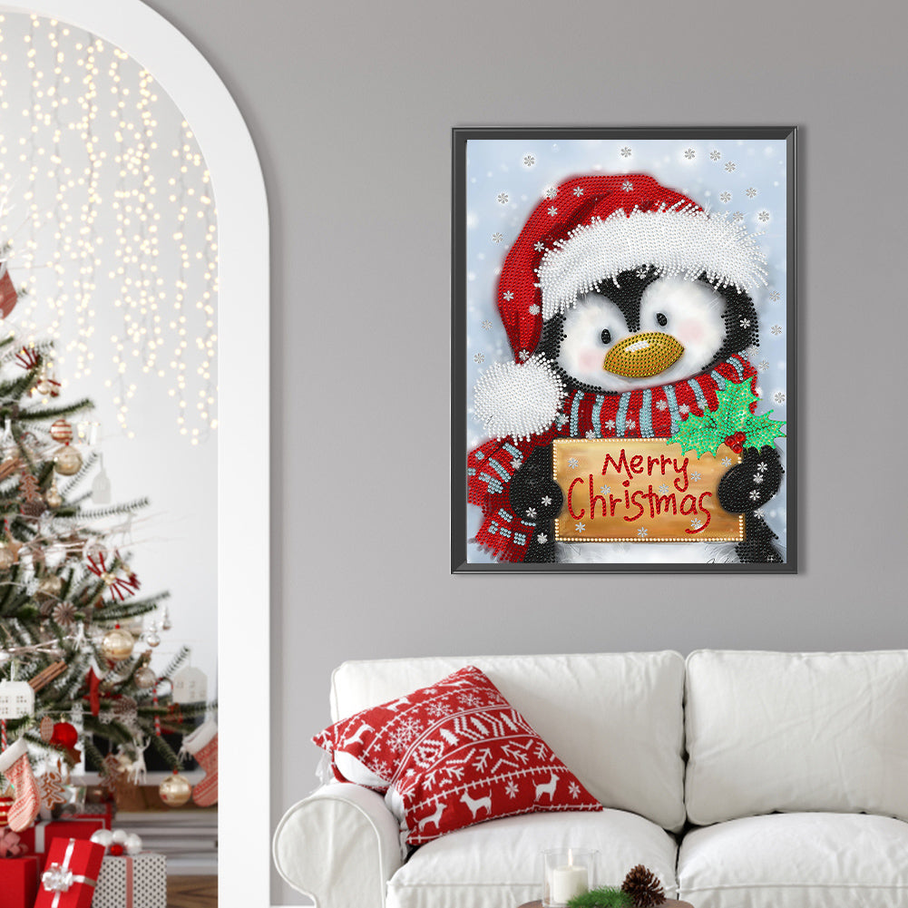 Penguin Holding Christmas Sign - Special Shaped Drill Diamond Painting 30*40CM