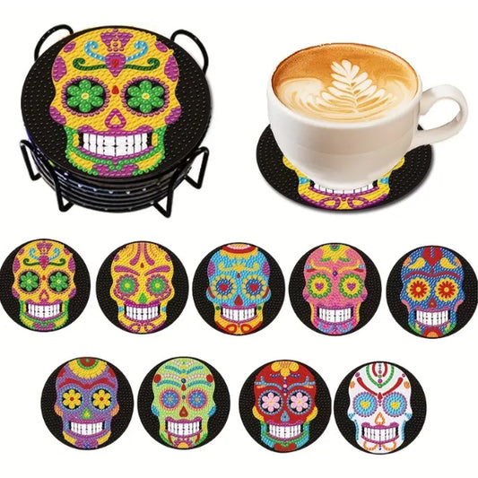 9 PCS Acrylic Diamond Painting Coasters Kits with Holder for Adults Kids (Skull)