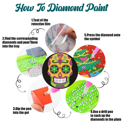 9 PCS Acrylic Diamond Painting Coasters Kits with Holder for Adults Kids (Skull)