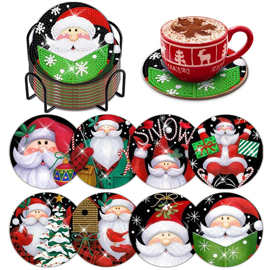 8 PCS Wooden Diamond Painting Coasters Kits with Holder for Adults Kids (Santa)