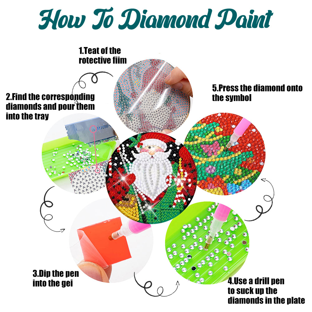 8 PCS Wooden Diamond Painting Coasters Kits with Holder for Adults Kids (Santa)