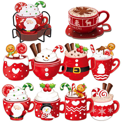 8 PCS Wooden Diamond Painting Art Coasters Kits with Holder (Christmas Cup)