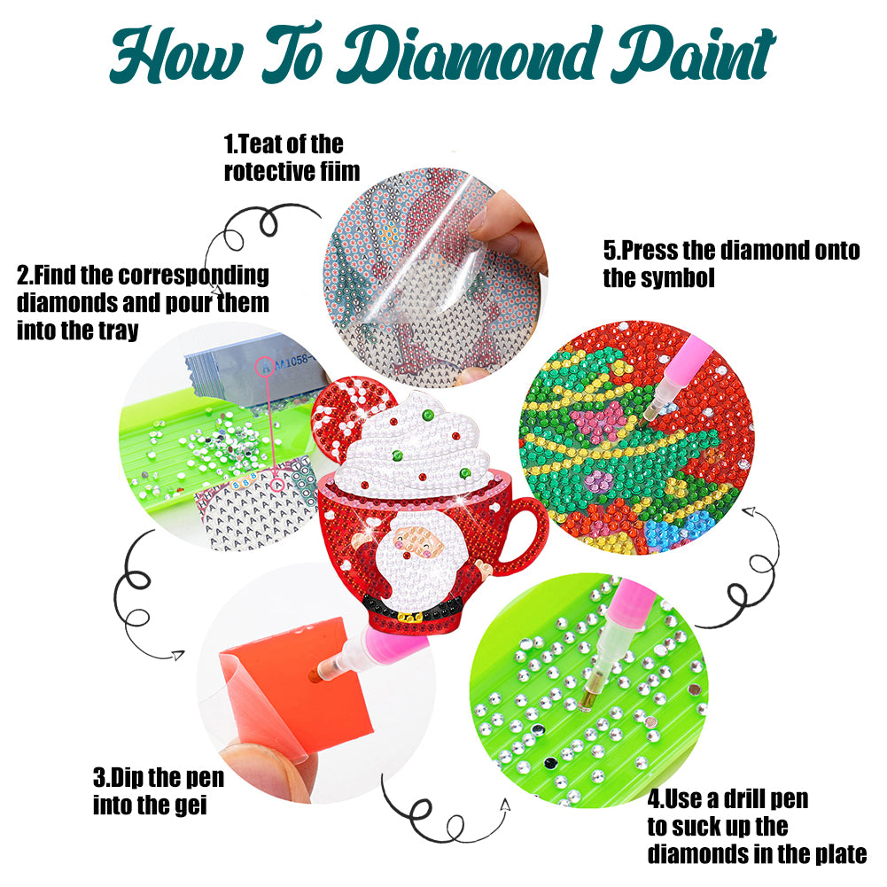 8 PCS Wooden Diamond Painting Art Coasters Kits with Holder (Christmas Cup)