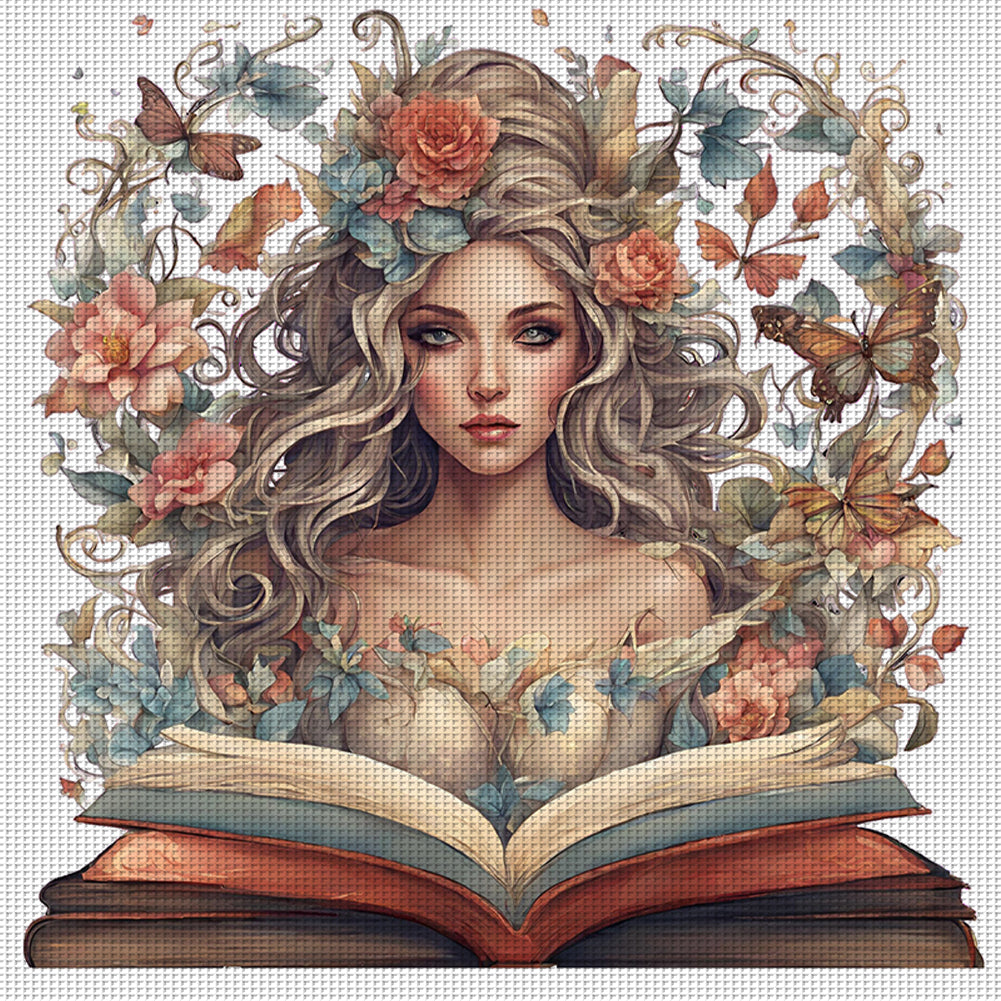 Girl With Flowers Reading A Book - 11CT Stamped Cross Stitch 60*60CM(Joy Sunday)