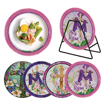 4 PCS Wooden Diamond Painted Placemats Round Placemat with Holder (Cross)