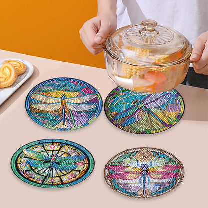 4 PCS Wooden Diamond Painted Placemats Round Placemat with Holder (Dragonfly)