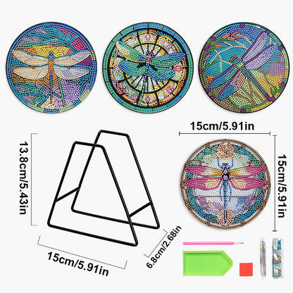 4 PCS Wooden Diamond Painted Placemats Round Placemat with Holder (Dragonfly)