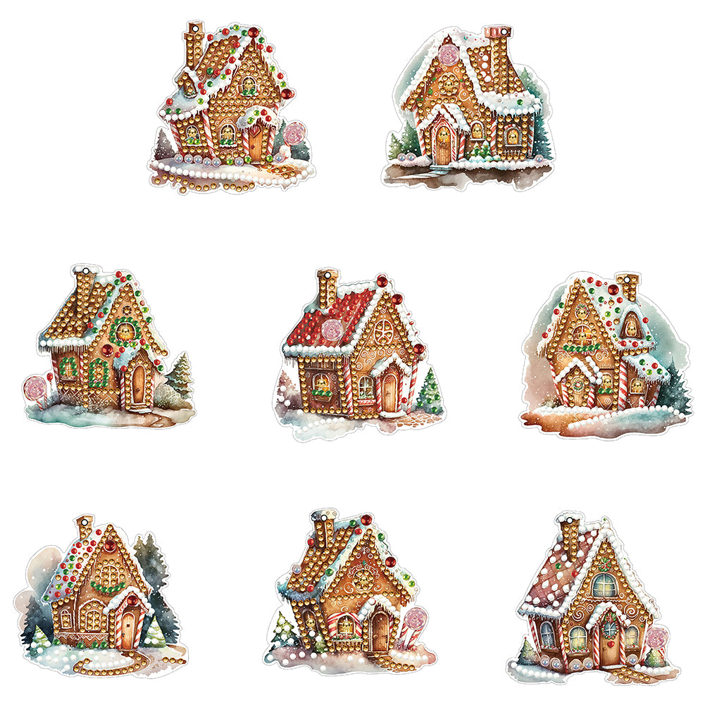 8 PCS Acrylic Single-Sided Diamond Painting Hanging Pendant (Christmas House)