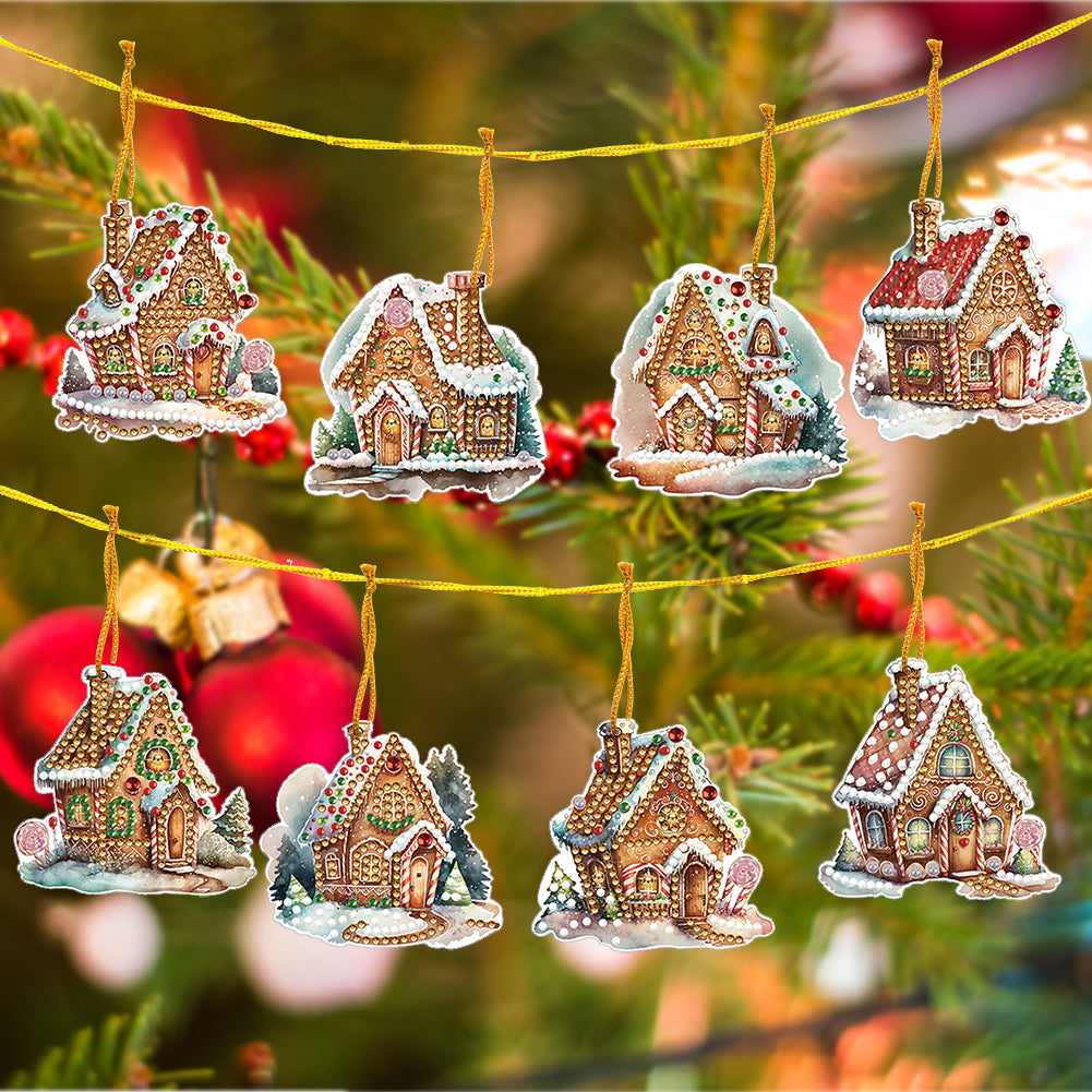 8 PCS Acrylic Single-Sided Diamond Painting Hanging Pendant (Christmas House)