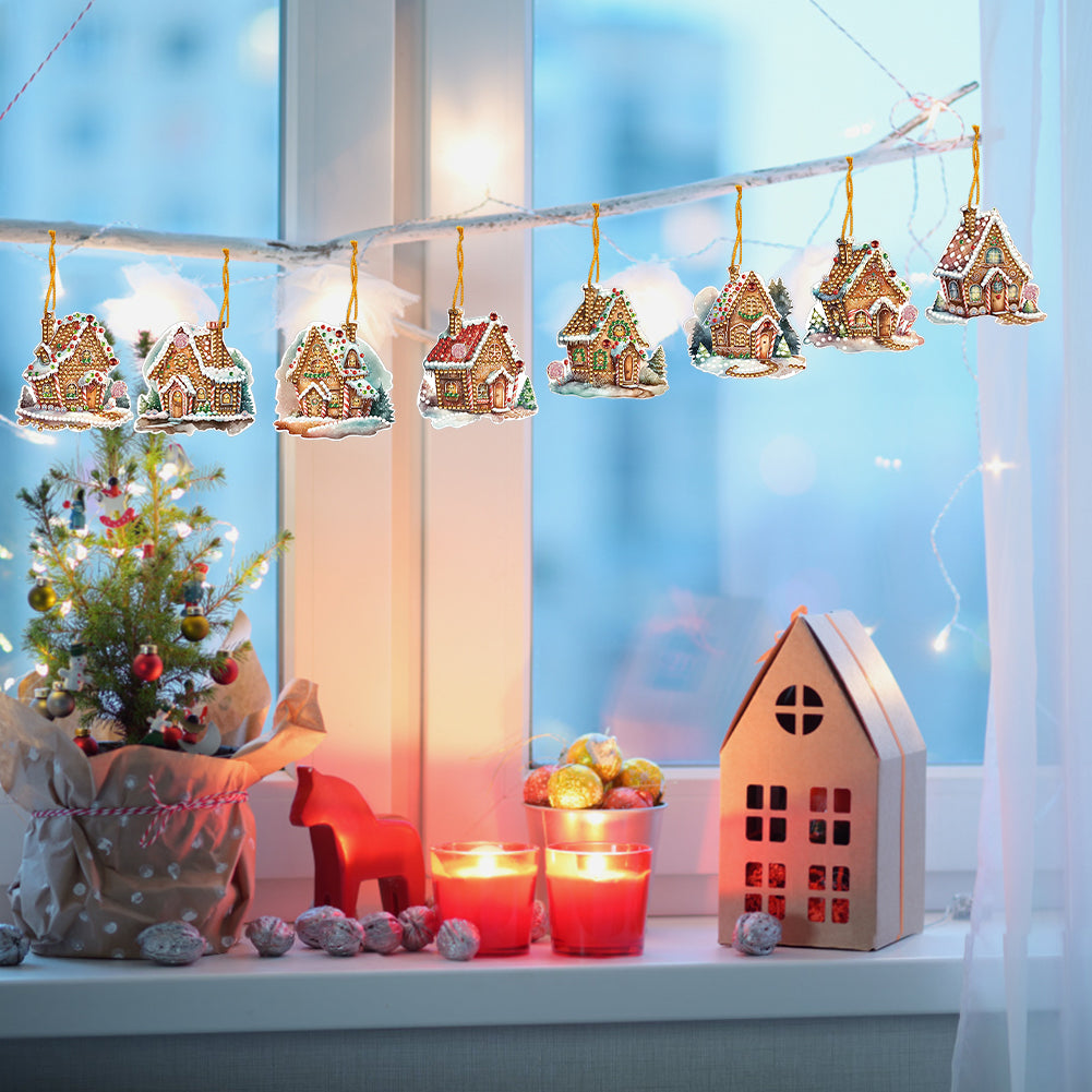 8 PCS Acrylic Single-Sided Diamond Painting Hanging Pendant (Christmas House)