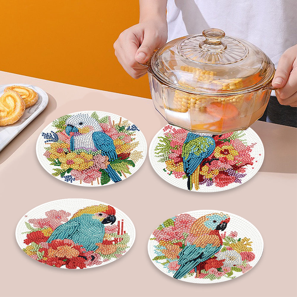 4 PCS Acrylic Diamond Painted Placemats Tableware Mat with Holder(Flower Parrot)
