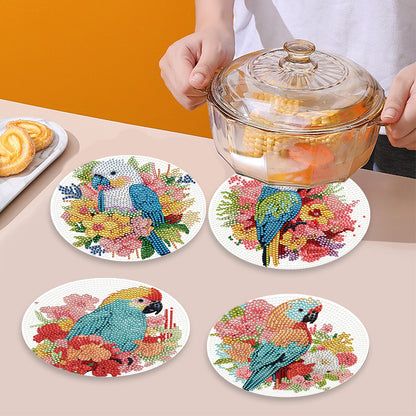 4 PCS Acrylic Diamond Painted Placemats Tableware Mat with Holder(Flower Parrot)