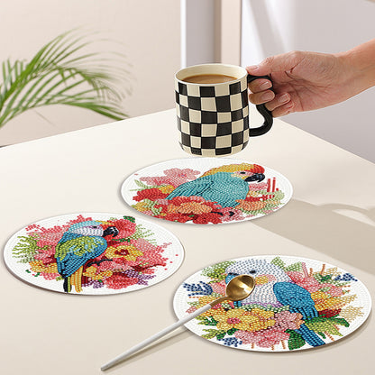 4 PCS Acrylic Diamond Painted Placemats Tableware Mat with Holder(Flower Parrot)