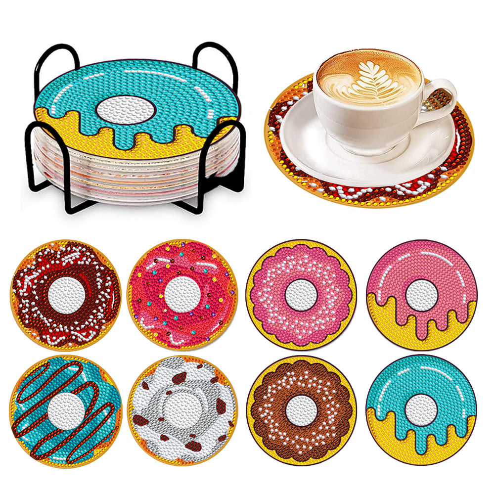 8 PCS Wooden Diamond Painting Coasters Kits with Holder for Adult Kid (Doughnut)